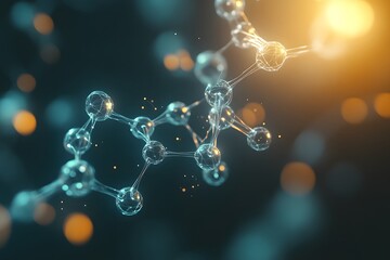 Illustration of a Molecule Structure, glowing teal and gold, abstract science background