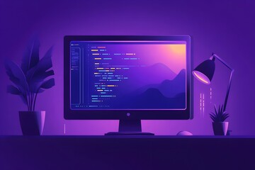 Illustration: Programmer's Desk at Night, Purple Hues