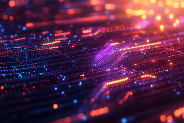 Colorful digital circuit board design with glowing lights and intricate patterns
