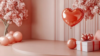 Canvas Print - Festive Valentine Scene With Balloons Gift And Flowers