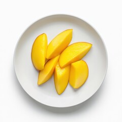 Wall Mural - A minimalist plate of fresh mango slices, neatly arranged in a simple pattern on a plain white ceramic plate, Mango slices centered