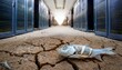 © photostockatinat - Server Room Drought: A stark reminder of the environmental impact of technology. A dead fish lies on cracked, dusty ground, symbolizing the depletion of resources in a server room.