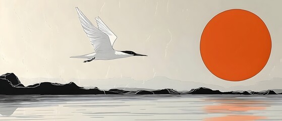 Wall Mural - A solitary white bird glides gracefully over calm waters as a vibrant orange sun sets on the horizon, creating a peaceful and serene atmosphere.