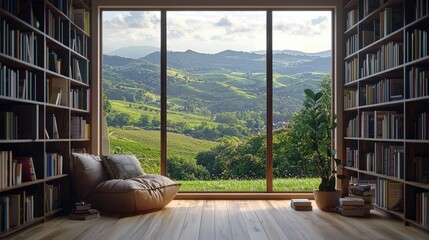 Wall Mural - discover a tranquil reading nook featuring a large window with a stunning view of green hills and mo