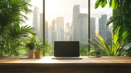 Wall Mural - a bright and inviting modern workspace featuring a laptop on a wooden desk, large windows showcasing