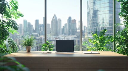 Wall Mural - a bright and inviting modern workspace featuring a laptop on a wooden desk, large windows showcasing