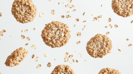 Wall Mural - 18.An array of oatmeal cookies frozen mid-motion on a clean white background, each cookie appearing as if suspended in a light breeze. The cookiesâ€™ textures are highlighted, with oats and crumbs