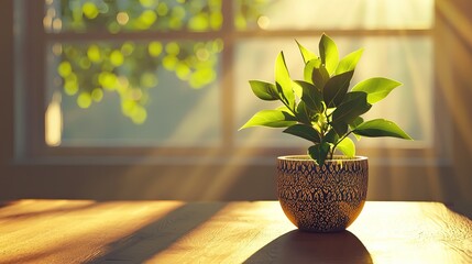 Wall Mural - a serene indoor scene featuring a green plant in a decorative pot on a wooden table, beautifully ill