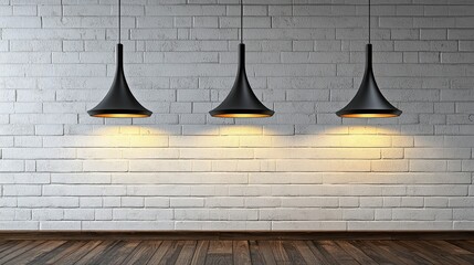 Poster - A stylish minimalist interior featuring three black hanging lamps against a bright white brick wall and a rustic wooden floor. Ideal for various design projects.