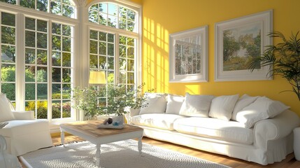 Wall Mural - bright and airy living room featuring yellow walls and a white sofa, adorned with soft pillows. larg