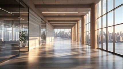 Wall Mural - a modern empty office space featuring floor-to-ceiling windows that provide a breathtaking view of t