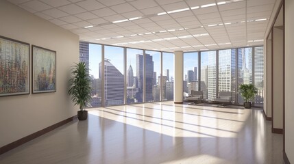Wall Mural - a modern empty office space featuring floor-to-ceiling windows that provide a breathtaking view of t