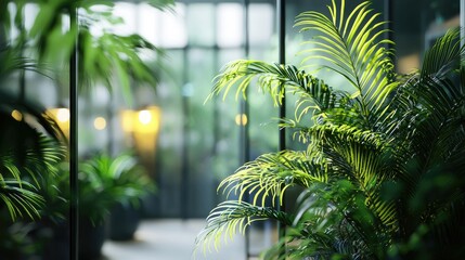 Wall Mural - a modern office interior featuring glass walls and lush indoor plants, creating a serene workspace. 