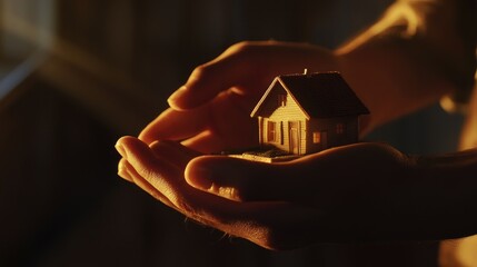 Poster - A pair of hands gently cradles a miniature model of a house, symbolizing the concepts of home ownership, safety, warmth, and the journey of building a future together.