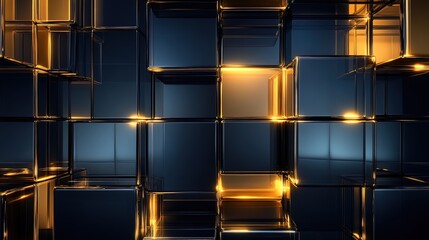 Wall Mural - abstract background of dark blue and gold shiny cubes.