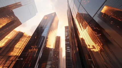 Poster - Stunning view of modern skyscrapers with reflective glass facades against a bright sky, showcasing innovative urban architecture and design in a dynamic city environment.