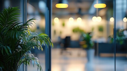 Wall Mural - a serene view of a modern office space featuring blurred glass walls and indoor plants, creating a c