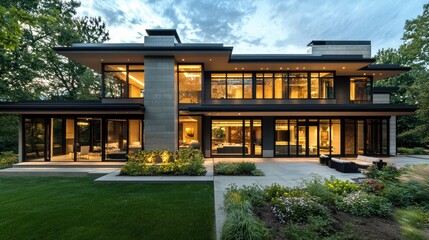Poster - A stunning modern house showcases a sleek design with large glass windows, creating a harmonious blend of architectural beauty and serene outdoor space, reflecting tranqu