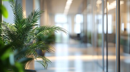 Wall Mural - a serene view of a modern office space featuring blurred glass walls and indoor plants, creating a c