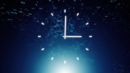 Wall Mural - looping dark blue computer network with analog time clock animation.