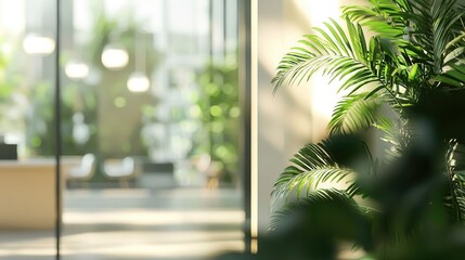 Wall Mural - a serene view of a modern office space featuring blurred glass walls and indoor plants, creating a c