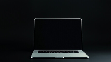 laptop in the dark: sleek silver laptop with a blank black screen, sitting on a reflective surface a