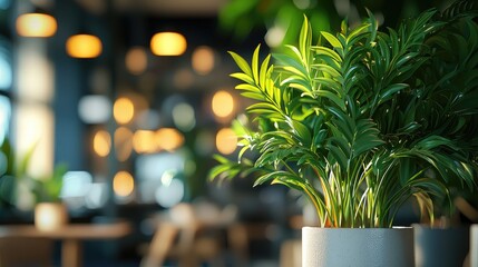 Wall Mural - a serene cafe setting featuring indoor plants and soft lighting, perfect for relaxation and socializ