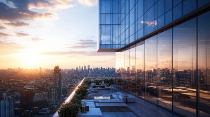 Poster - This image captures a modern skyscraper featuring a sleek glass facade, offering an impressive view of a bustling city skyline under a bright sky, perfect for architectur