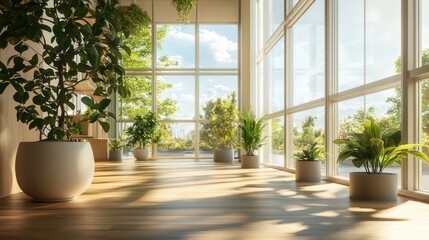 Wall Mural - bright and airy office interior featuring wooden flooring, decorative plants, and large windows crea