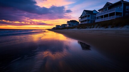 Sticker - Sunrise over beach houses, calm waves reflecting colorful sky.