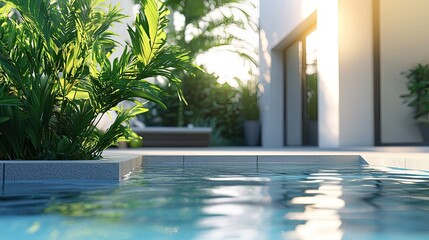 Aufkleber - A stunning modern minimalist home featuring a sleek design, inviting outdoor space, and a tranquil pool, situated amid lush greenery for ultimate relaxation and harmony w
