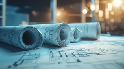 Poster - High-resolution architectural blueprint featuring detailed layouts and rolled plans, perfect for showcasing innovative designs in construction and interior planning.