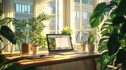 Wall Mural - a serene and modern workspace featuring a laptop on a wooden desk, surrounded by lush houseplants an