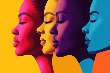 Three women with different colored faces looking at a rainbow in the sky, representing diversity and unity.