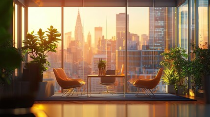 Wall Mural - bright and airy office interior featuring large windows that reveal a stunning city skyline. modern 