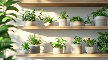 Wall Mural - a modern minimalist interior featuring wooden shelves adorned with green plants in stylish pots, per