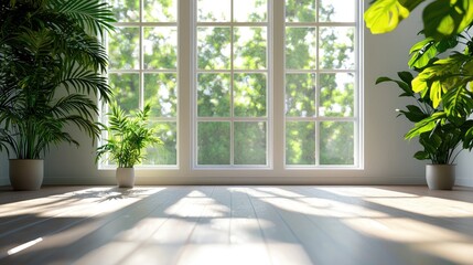 Wall Mural - bright and airy interior featuring an empty room with large windows, soft shadows, and vibrant plant