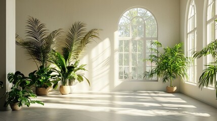 Wall Mural - bright and airy interior featuring an empty room with large windows, soft shadows, and vibrant plant