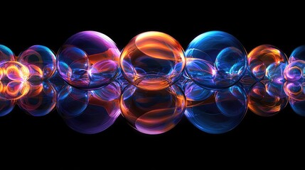Aufkleber - Captivating abstract image featuring a dynamic arrangement of colorful bubbles in vivid blue, orange, and purple, reflecting light for a mesmerizing visual experience.