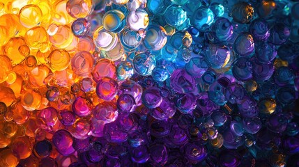 Aufkleber - Captivating abstract image featuring a dynamic arrangement of colorful bubbles in vivid blue, orange, and purple, reflecting light for a mesmerizing visual experience.