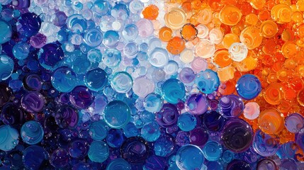 Aufkleber - Captivating abstract image featuring a dynamic arrangement of colorful bubbles in vivid blue, orange, and purple, reflecting light for a mesmerizing visual experience.