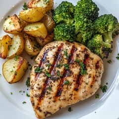 Wall Mural - A perfectly grilled chicken breast served with a side of roasted potatoes and steamed broccoli, Chicken breast centered on a plain white plate, Soft natural light highlighting the golden grill marks