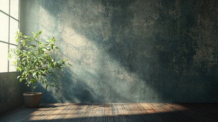 Wall Mural - a serene indoor space with a textured grunge wall and plenty of natural light. the wooden floor comp