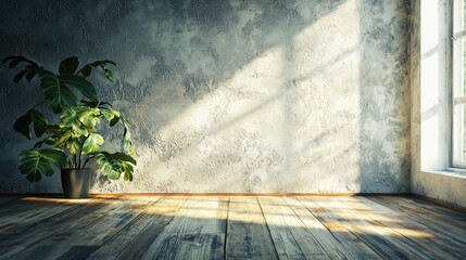 Wall Mural - a serene indoor space with a textured grunge wall and plenty of natural light. the wooden floor comp