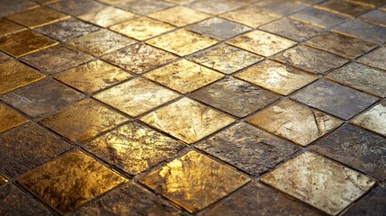 Aufkleber - This abstract image features a detailed arrangement of metallic golden tiles creating a captivating geometric pattern ideal for various design applications and artistic p