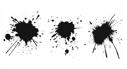 Wall Mural - Three distinct black ink splatters on a white background, showcasing artistic spontaneity and abstract design elements.