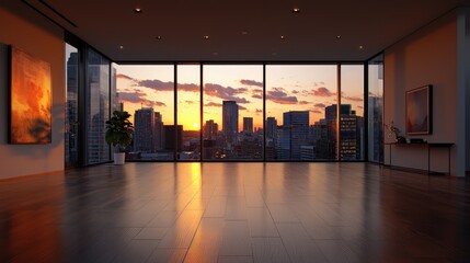 Wall Mural - a sleek, modern empty room featuring expansive glass windows provides a breathtaking view of the urb