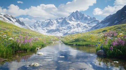 Aufkleber - Scenic view of majestic snow-capped mountains with their reflection in a clear stream, surrounded by lush greenery and colorful wildflowers, capturing nature s tranquilit