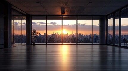 Wall Mural - a sleek, modern empty room featuring expansive glass windows provides a breathtaking view of the urb
