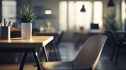 Wall Mural - a modern office interior showcasing a blurred view of desks and chairs. this contemporary workspace 